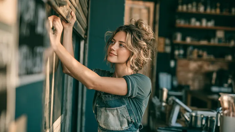 Barista opening the front of her cafe for the day