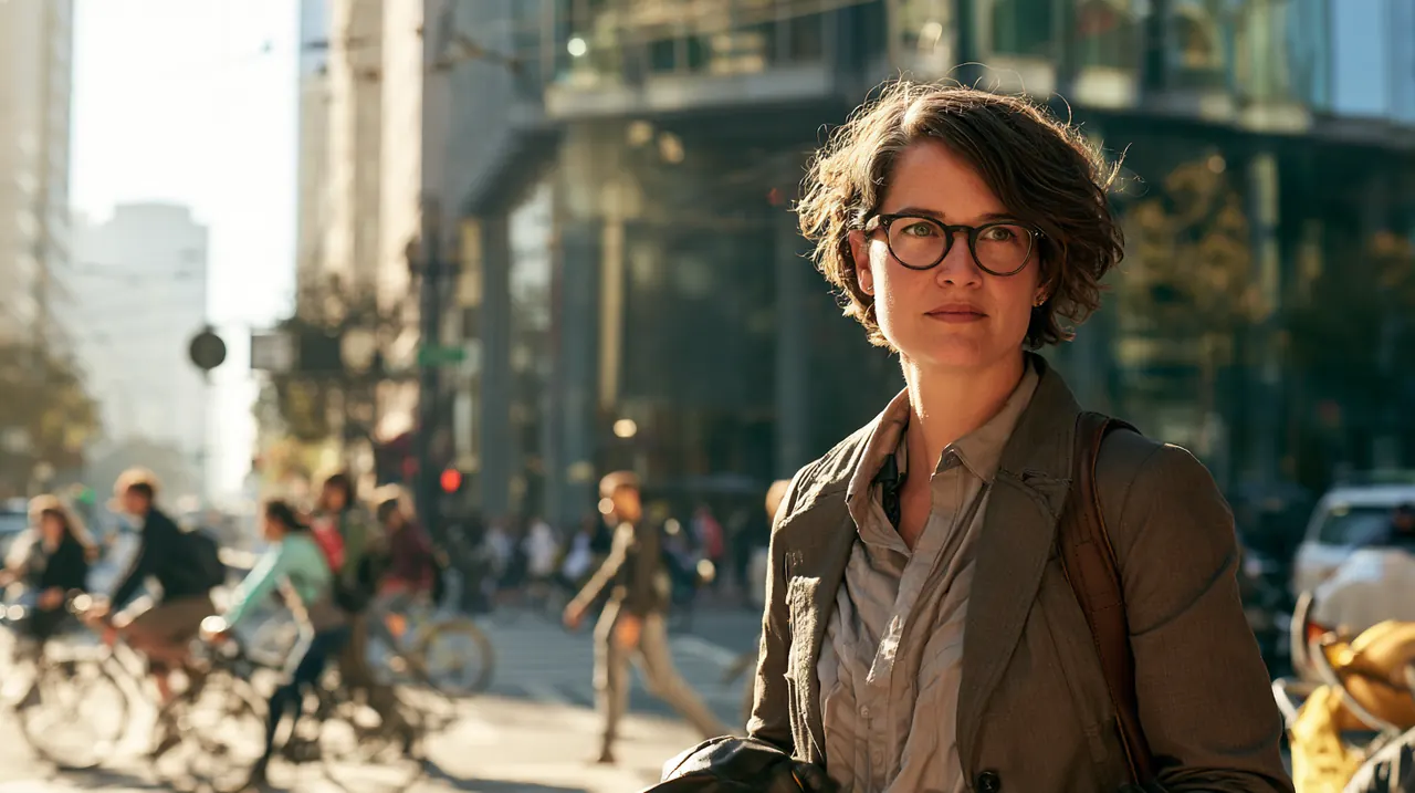 Woman on a busy city street with cyclists crossing behind her