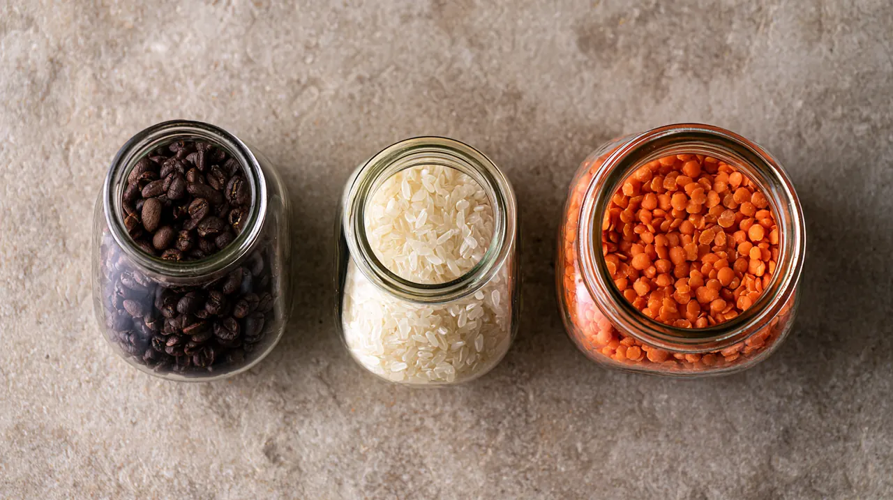 Glass jars of coffee beans, rice and red lentils on a stone counter, the kind of expense a bow credit loan request can help cover