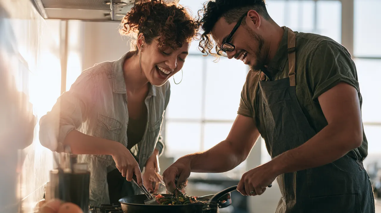 Couple cooking dinner together at the stove, illustrating this bow credit loan guide