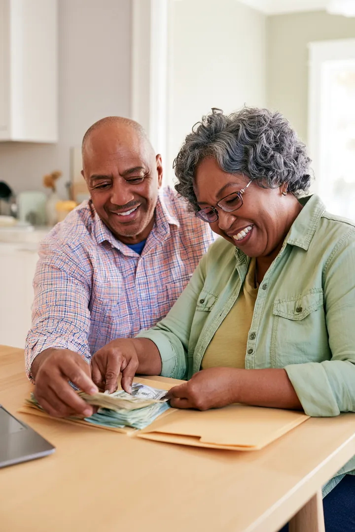 Couple sorting household bills into a folder at the dining table