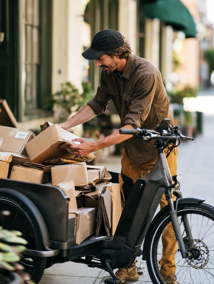 Courier loading parcels onto an electric cargo bike