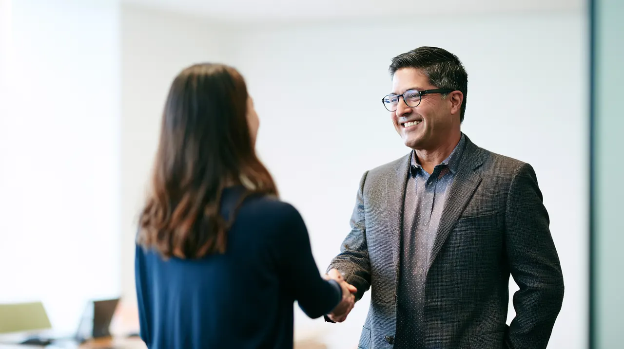 Two coworkers shaking hands in a bright meeting room