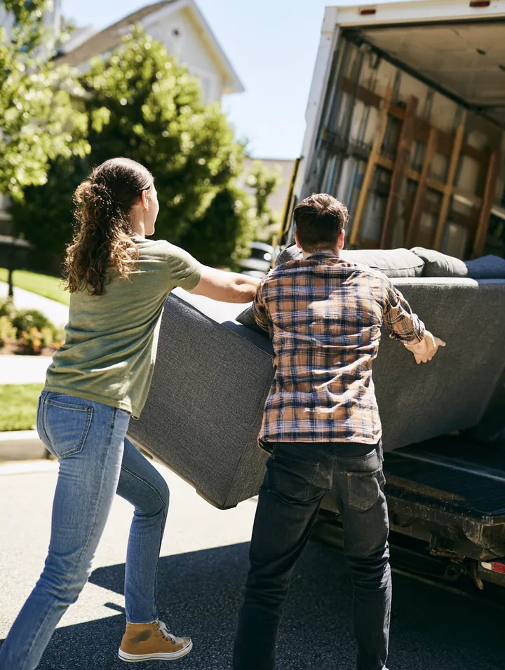 Two friends lifting a gray sofa out of a moving truck