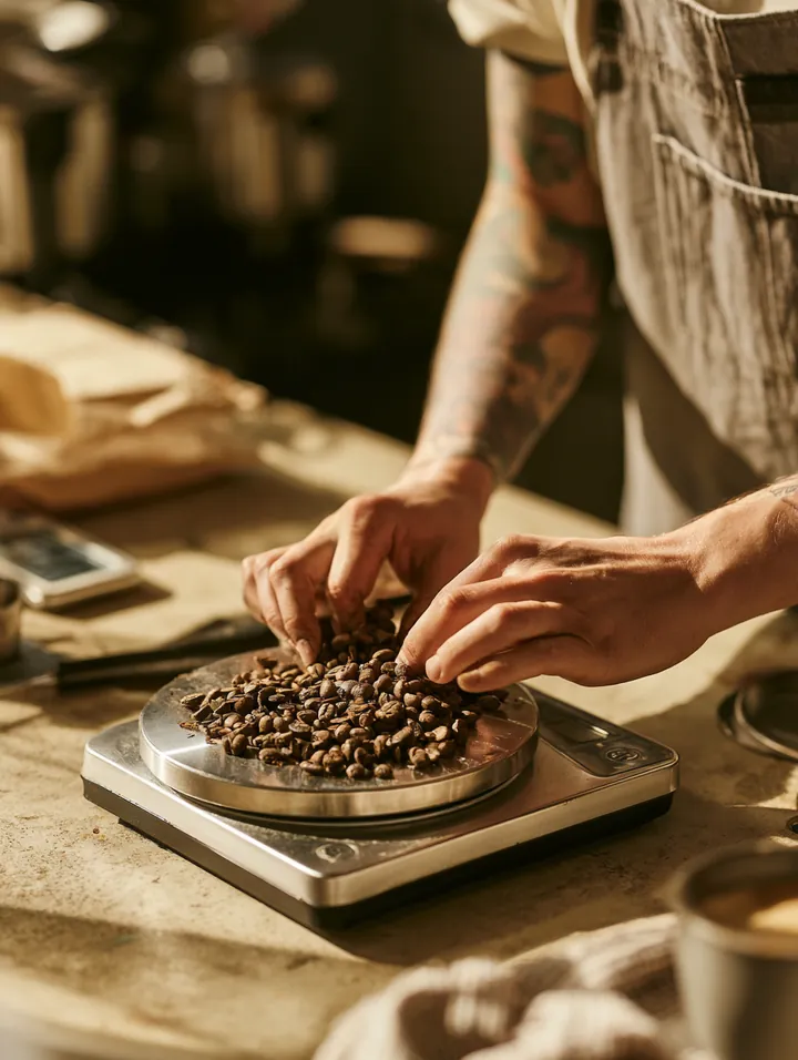 Hands weighing coffee beans on a digital scale