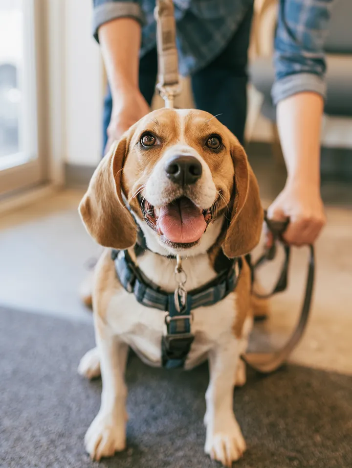 Beagle in a harness getting its leash clipped on
