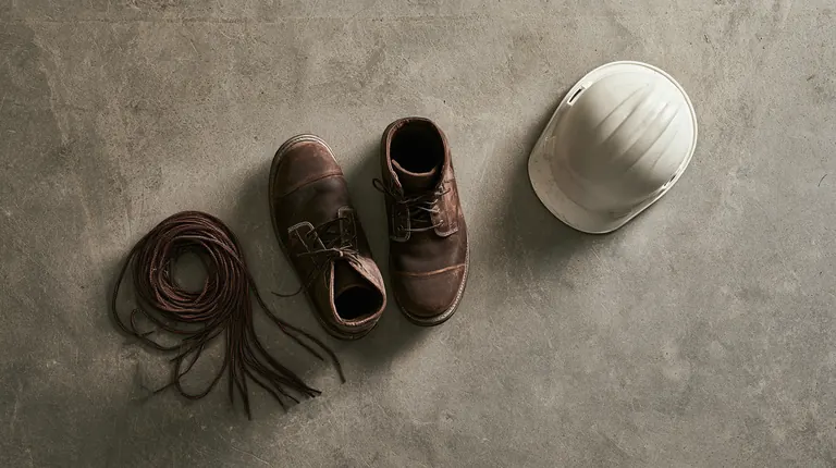New leather work boots, coiled laces and a white hard hat on a concrete floor