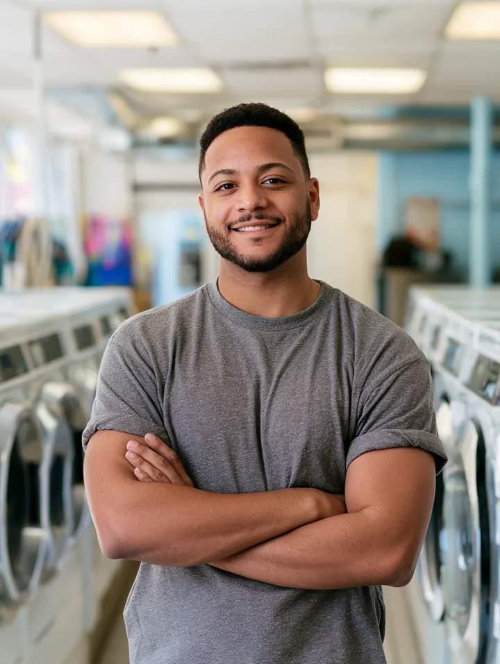 Young man with arms crossed in a bright laundromat