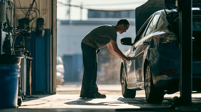 Mechanic working beside a car at the open door of a service bay