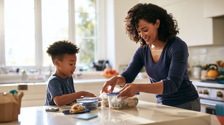 Mother and son packing school lunches at the kitchen counter