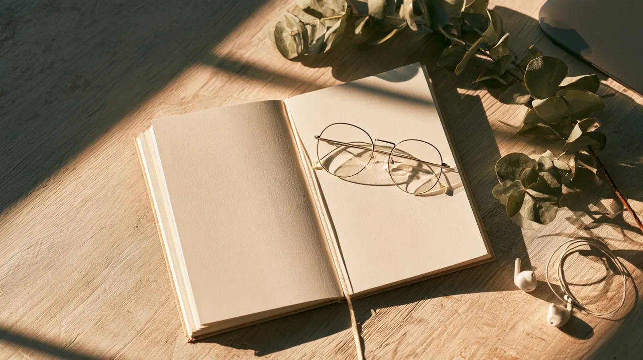 Open journal with reading glasses and eucalyptus on a sunlit wooden table, illustrating this bow credit loan guide