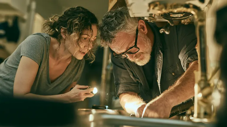 Plumber fixing a sink pipe while the homeowner holds a flashlight