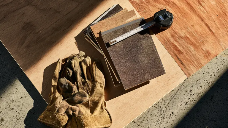 Roofing shingle samples, a tape measure and work gloves on plywood