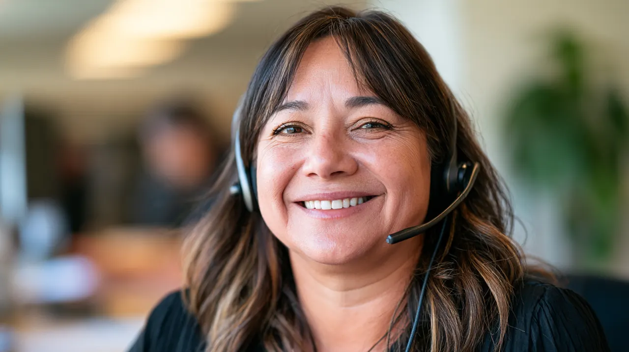 Support team lead with a headset smiling at her desk