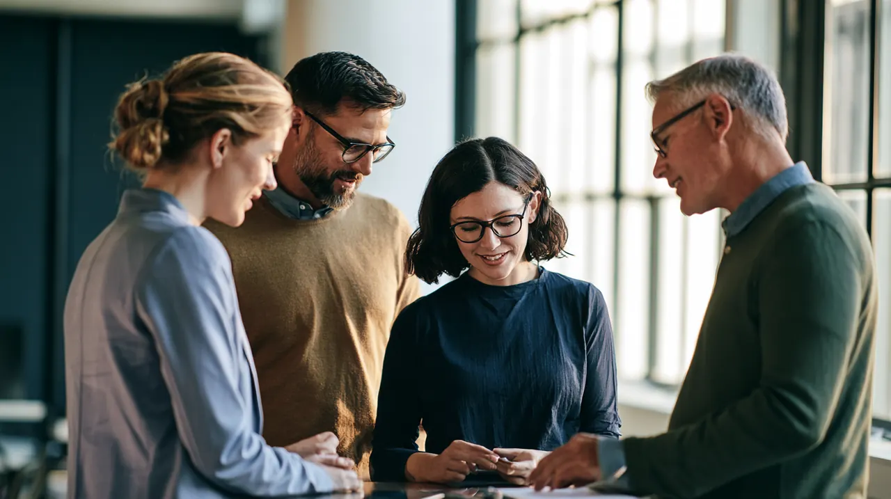 Small team gathered around a table in a bright loft office