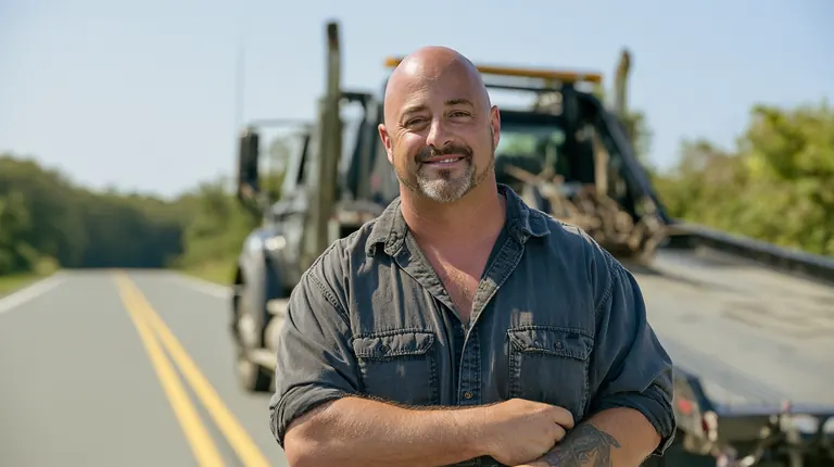 Tow truck driver standing in front of his flatbed truck on a rural road
