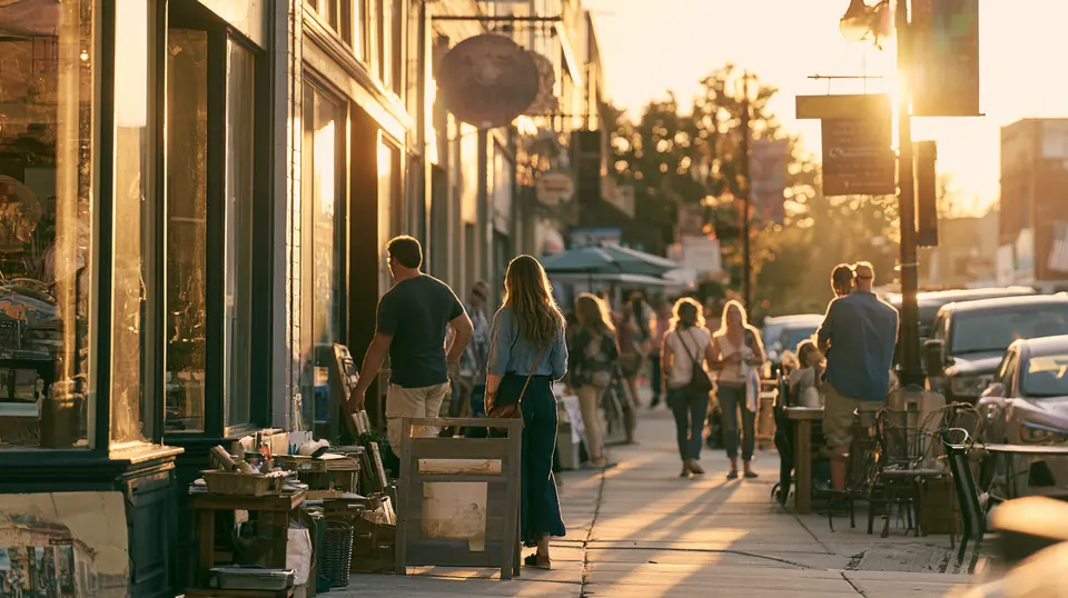 Small-town main street at golden hour with people strolling past shops