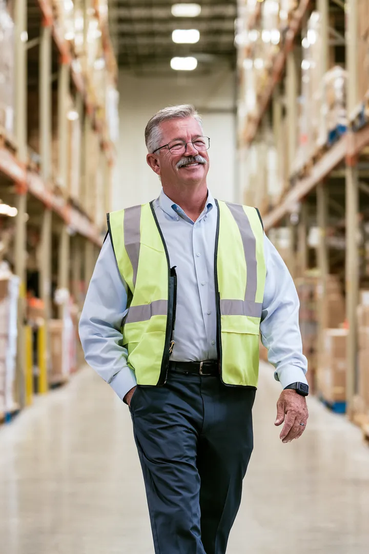 Warehouse supervisor in a hi-vis vest walking down a distribution center aisle