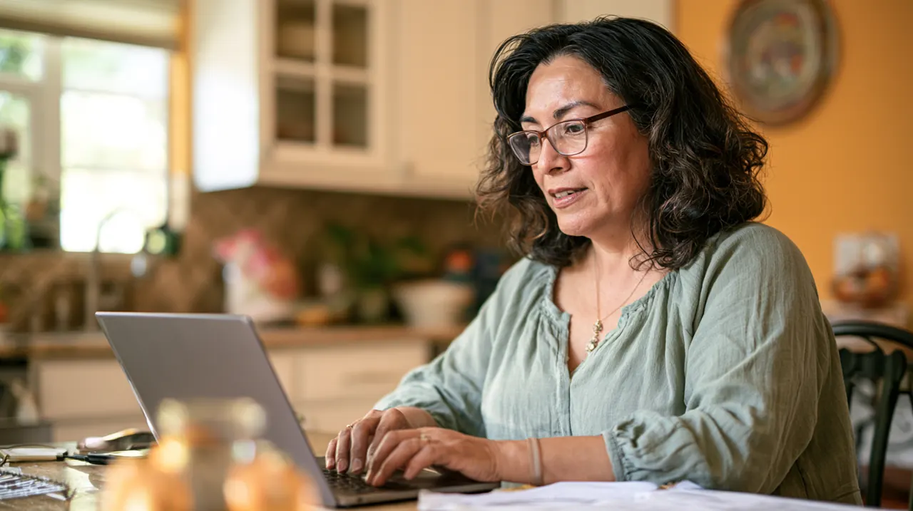 Woman reviewing her credit report on a laptop at the kitchen table, illustrating this bow credit loan guide
