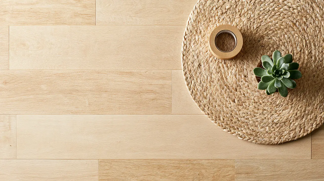 Woven round mat, packing tape and a small succulent on light hardwood, the kind of expense a bow credit loan request can help cover